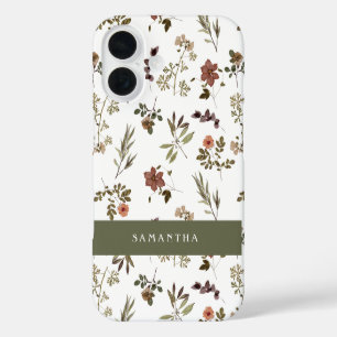 Green Burgundy Wildflower Monogram Name iPhone 16 Case