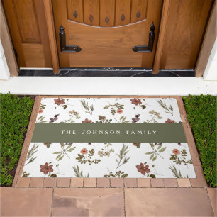 Green Burgundy Wildflower Monogram Name Doormat