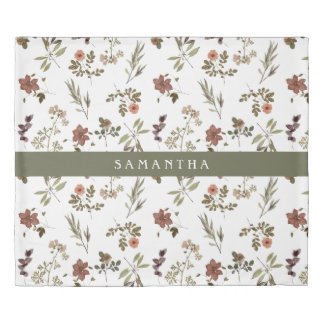 Green Burgundy Wildflower Monogram Name Duvet Cover