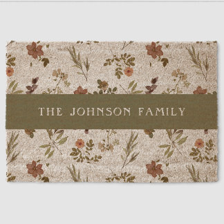 Green Burgundy Wildflower Monogram Name Fiber Doormat