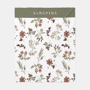 Green Burgundy Wildflower Monogram Name Fleece Blanket