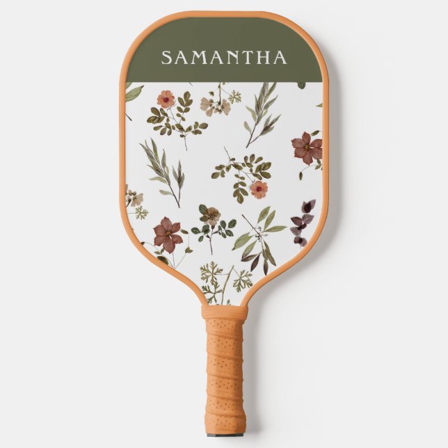Green Burgundy Wildflower Monogram Name Pickleball Paddle (Front)