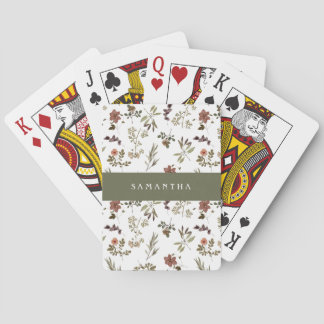 Green Burgundy Wildflower Monogram Name Poker Cards