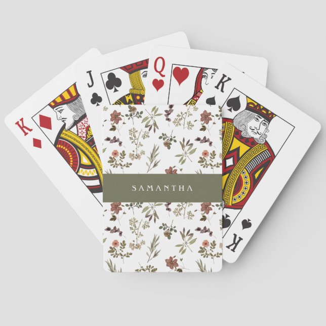 Green Burgundy Wildflower Monogram Name Poker Cards (Back)