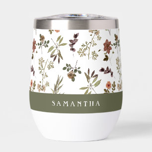 Green Burgundy Wildflower Monogram Name Thermal Wine Tumbler