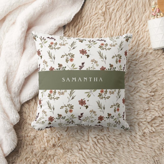 Green Burgundy Wildflower Monogram Name Throw Pillow (Blanket)