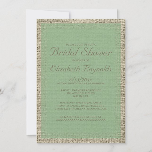 Green Burlap Bridal Shower Invitations (Front)