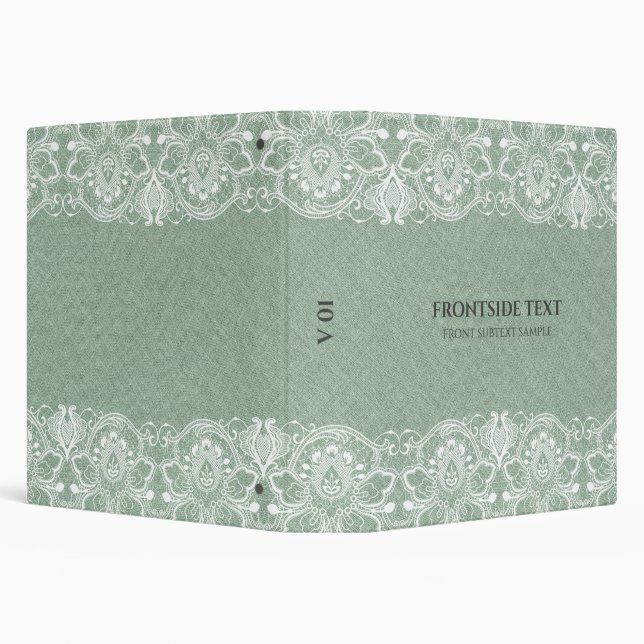 Green Burlap Linen Look & White Lace 3 Ring Binder (Background)