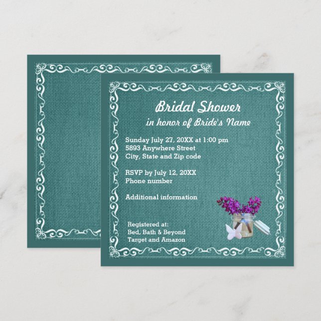 Green Burlap Purple Flowers Jar Bridal Shower Invitation (Front/Back)
