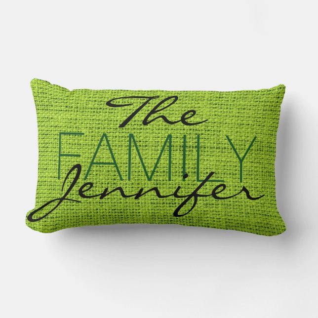 Green Burlap Rustic Linen Monogram Lumbar Pillow (Front)