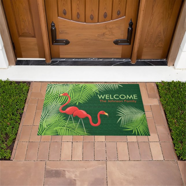 Green Burlap with Pink Flamingos Doormat (Outdoor)