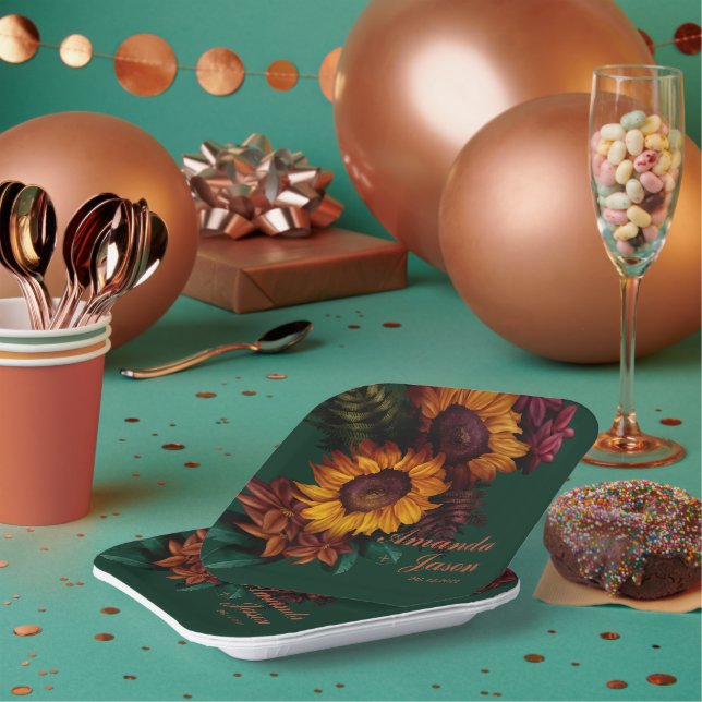 Green Burnt Orange Floral Wedding Party Paper Plates (Multi)