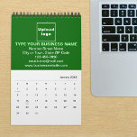 Green Business Brand on Calendar<br><div class="desc">Green color business branding on customizable calendar. Customize it by uploading your business logo, typing your business name, address, phone number, e-mail and website. You can include it in your promotional products, giveaway items or gifts to your customers or clients, a marketing strategy to advertise your business or to promote...</div>
