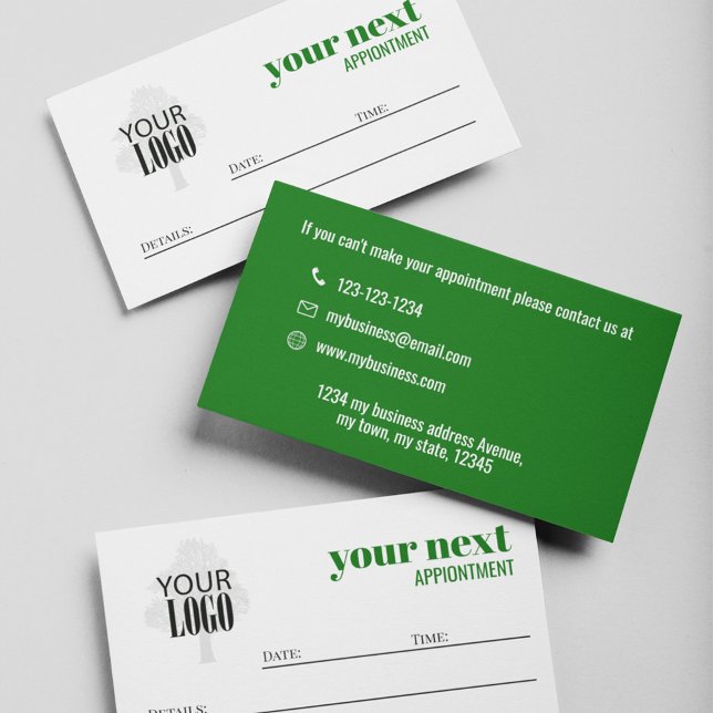 Green Business Logo Appointment Card  (Green and white business appointment card with add your logo template. )