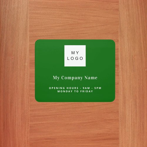 Green business logo name opening hours door sign