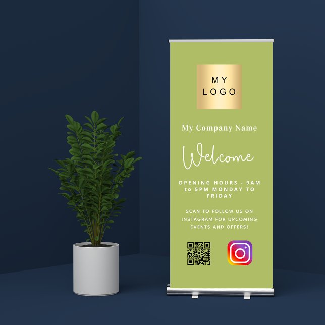 Green business logo opening hours QR Instagram Retractable Banner (Creator Uploaded)