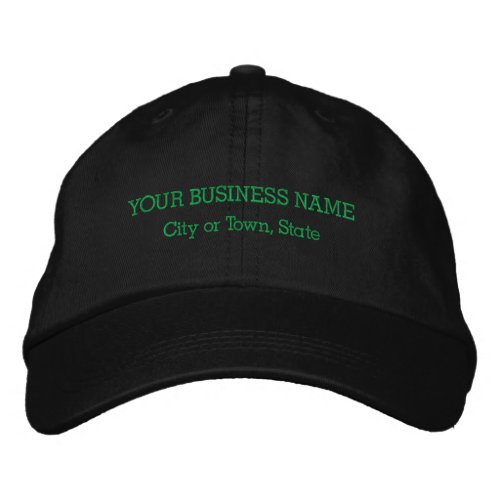 Green Business Name on Adjustable Black Embroidered Baseball Cap