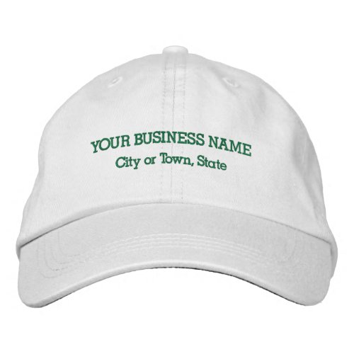 Green Business Name on Adjustable White Embroidered Baseball Cap