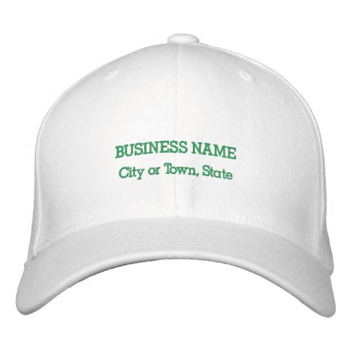 Green Business Name on Flexible Fit White Embroidered Baseball Cap