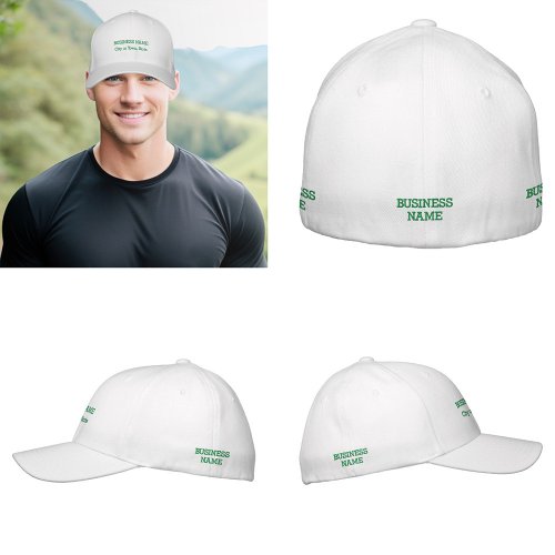 Green Business Name on Flexible Fit White Embroidered Baseball Cap