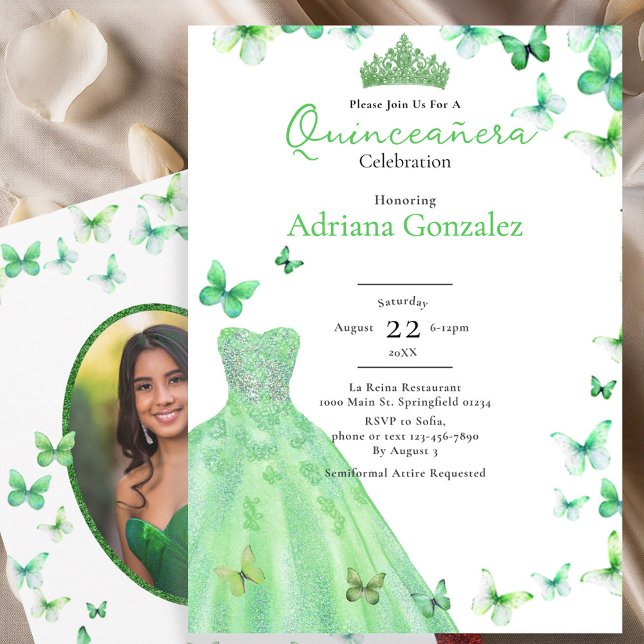 Green Butterflies Dress Tiara Photo Quinceanera Invitation (Creator Uploaded)