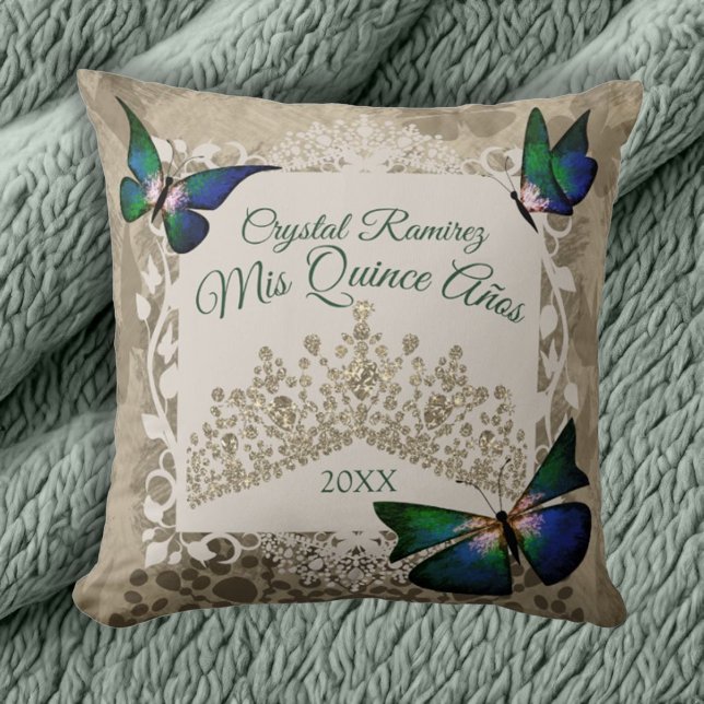 Green Butterflies, Gold Tiara Quinceanera Pillow (Vintage beige, green, gold quinceanera throw pillow, gold tiara crown and butterflies)