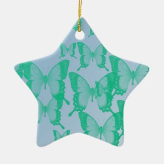 green butterflies in blue background ceramic ornament
