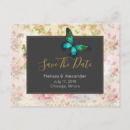 Green Butterfly Chic Vintage Style Save The Date Announcement Postcard