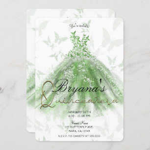 Green Butterfly Dance Dress Quinceañera Party Invitation