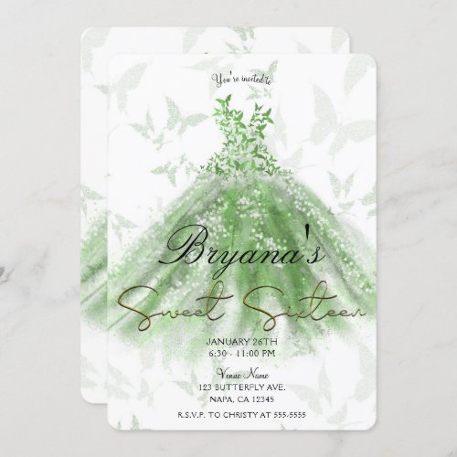 Green Butterfly Dance Dress Sweet 16 Party  Invitation