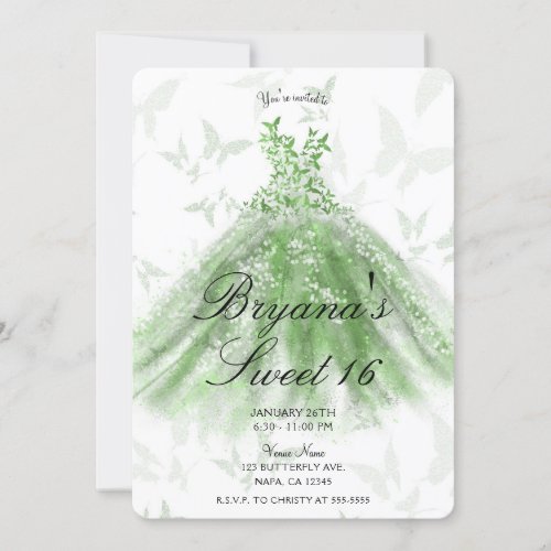 Green Butterfly Dance Dress Sweet 16 Party   Invitation