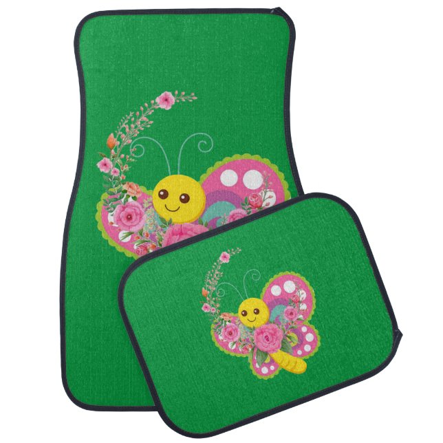 Green Butterfly Floral Floor Car Mats (Set)