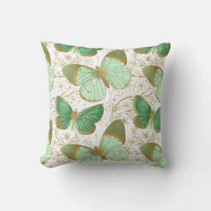 Green Butterfly Floral Garden Mint Aesthetic Throw Pillow