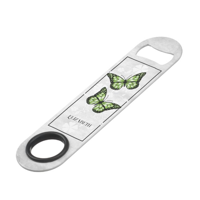 Green Butterfly Floral Personalized Bar Key (Front Angled)
