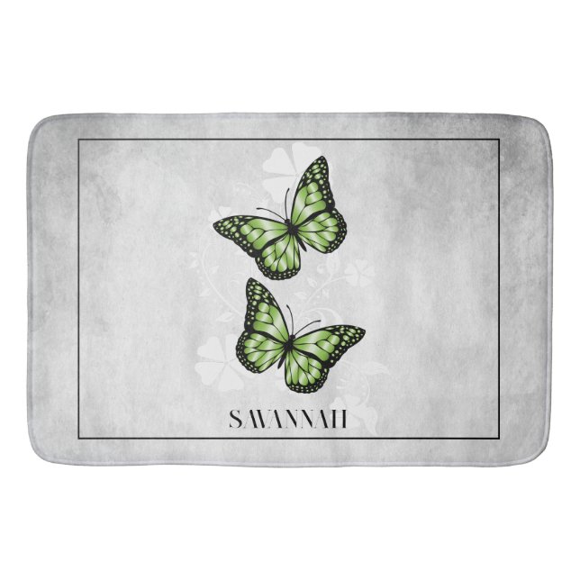 Green Butterfly Floral Personalized Bath Mat (Front)