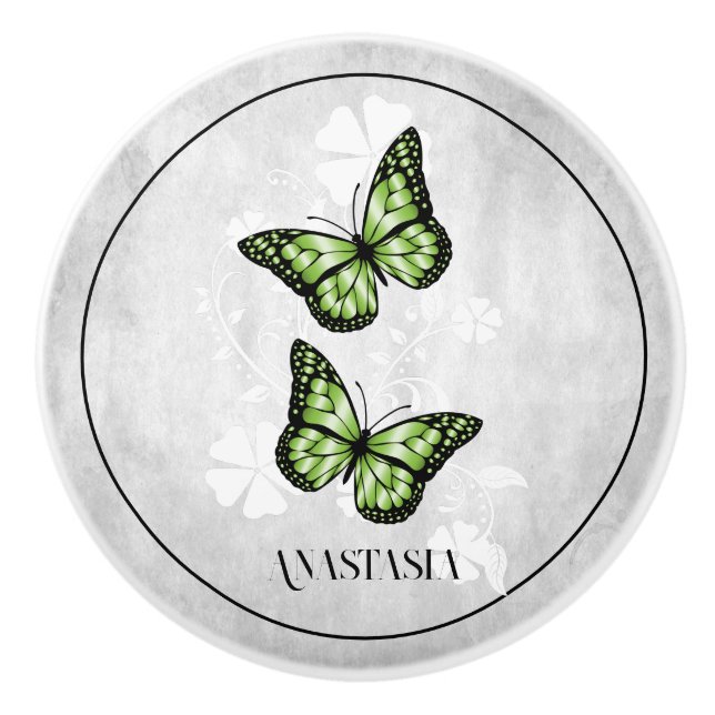 Green Butterfly Floral Personalized Ceramic Knob (Front)