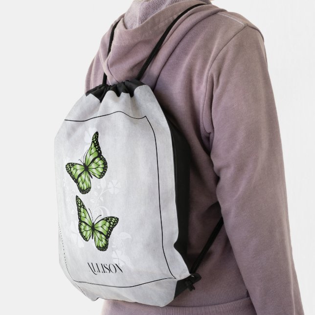 Green Butterfly Floral Personalized Drawstring Bag (Insitu)