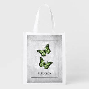 Green Butterfly Floral Personalized Grocery Bag