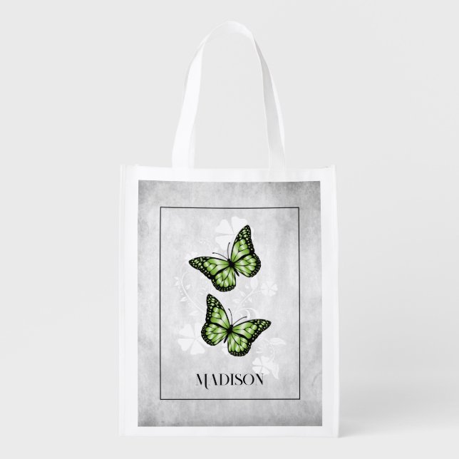 Green Butterfly Floral Personalized Grocery Bag (Front)