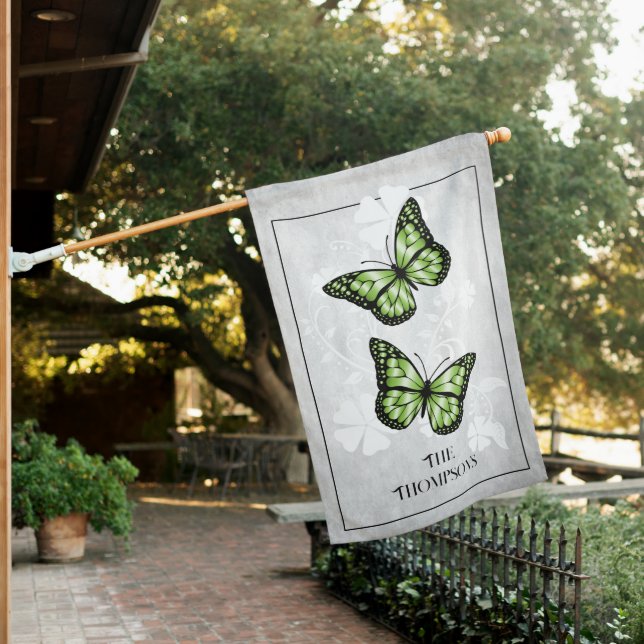Green Butterfly Floral Personalized House Flag (In SItu)