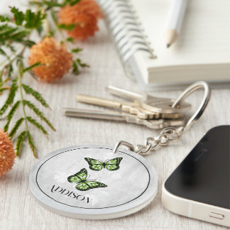 Green Butterfly Floral Personalized Keychain