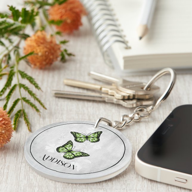 Green Butterfly Floral Personalized Keychain (Front Right)