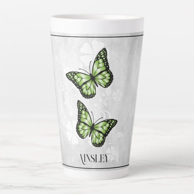 Green Butterfly Floral Personalized Latte Mug (Front)