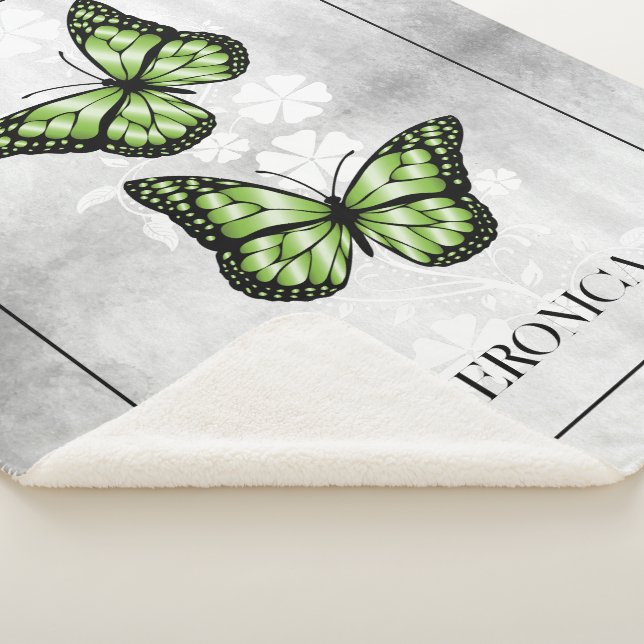 Green Butterfly Floral Personalized Sherpa Blanket (3/4)