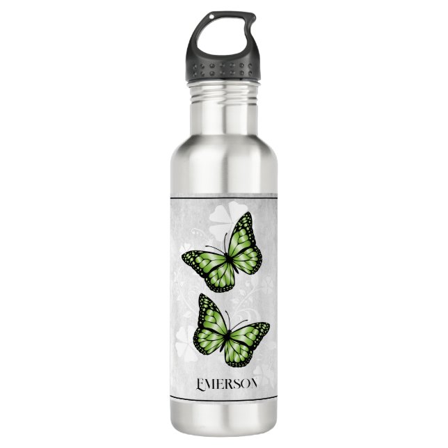 Green Butterfly Floral Personalized Stainless Steel Water Bottle (Front)