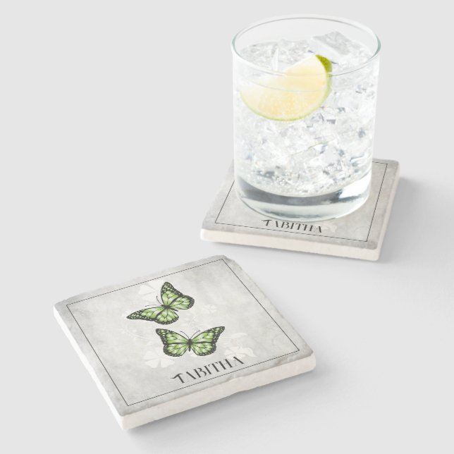 Green Butterfly Floral Personalized Stone Coaster (Side)