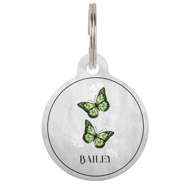 Green Butterfly Floral Round Pet Tag (Front)
