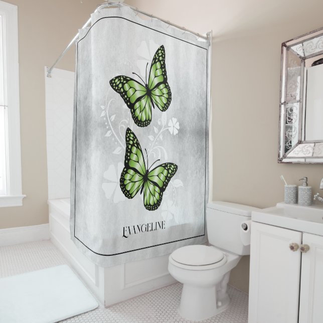 Green Butterfly Floral Shower Curtain (In Situ)