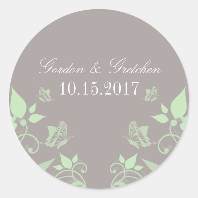Green Butterfly Floral Wedding Stickers (Front)