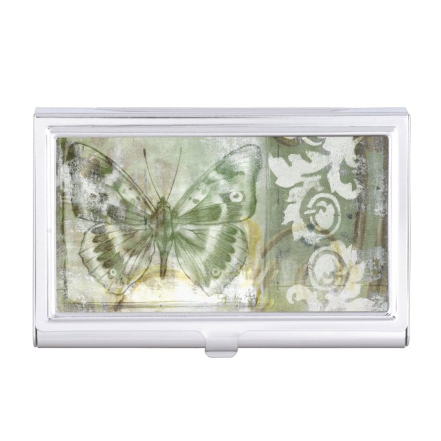 Green Butterfly Inset with Ironwork Gate Business Card Holder (Front)
